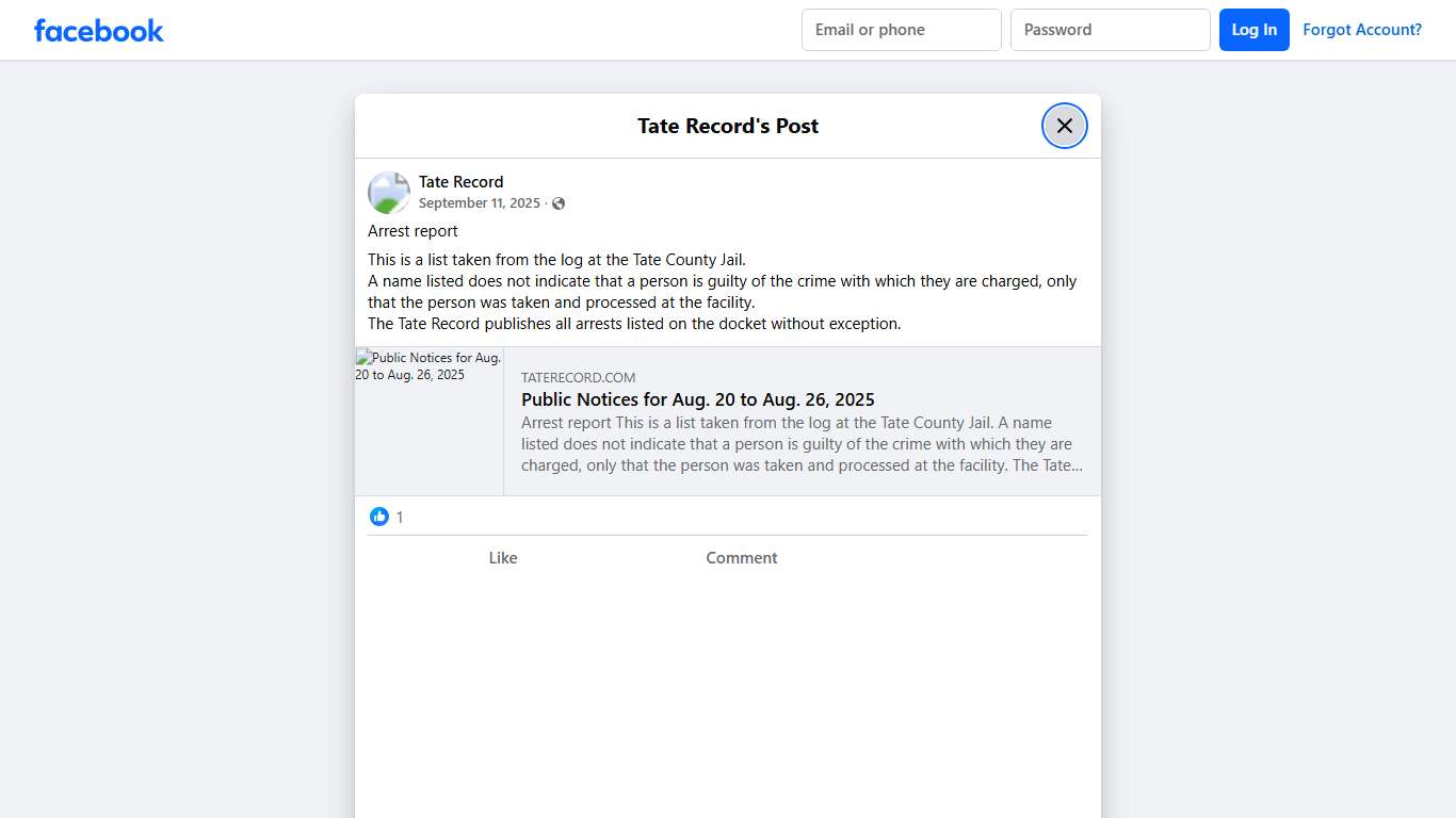 Tate Record - Arrest report This is a list taken from the... Facebook