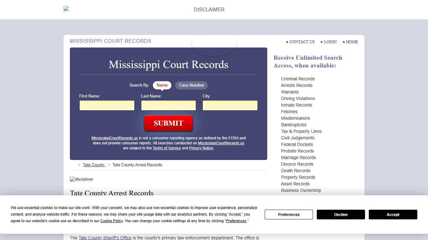 Tate County Arrest Records MississippiCourtRecords.us